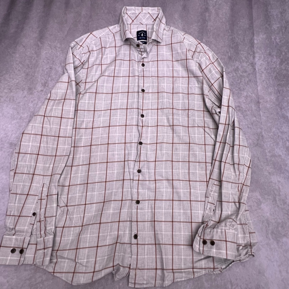 Johnnie-O Top Shelf Shirt Mens Large Grey Brown Plaid Windowpane Long Sleeve Exc